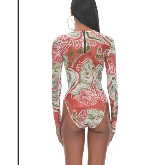 NWT Andrea Iyamah Elle Mesh Long‎ Sleeve Leotard Bodysuit Back Zipper Coral S - Picture 2 of 10